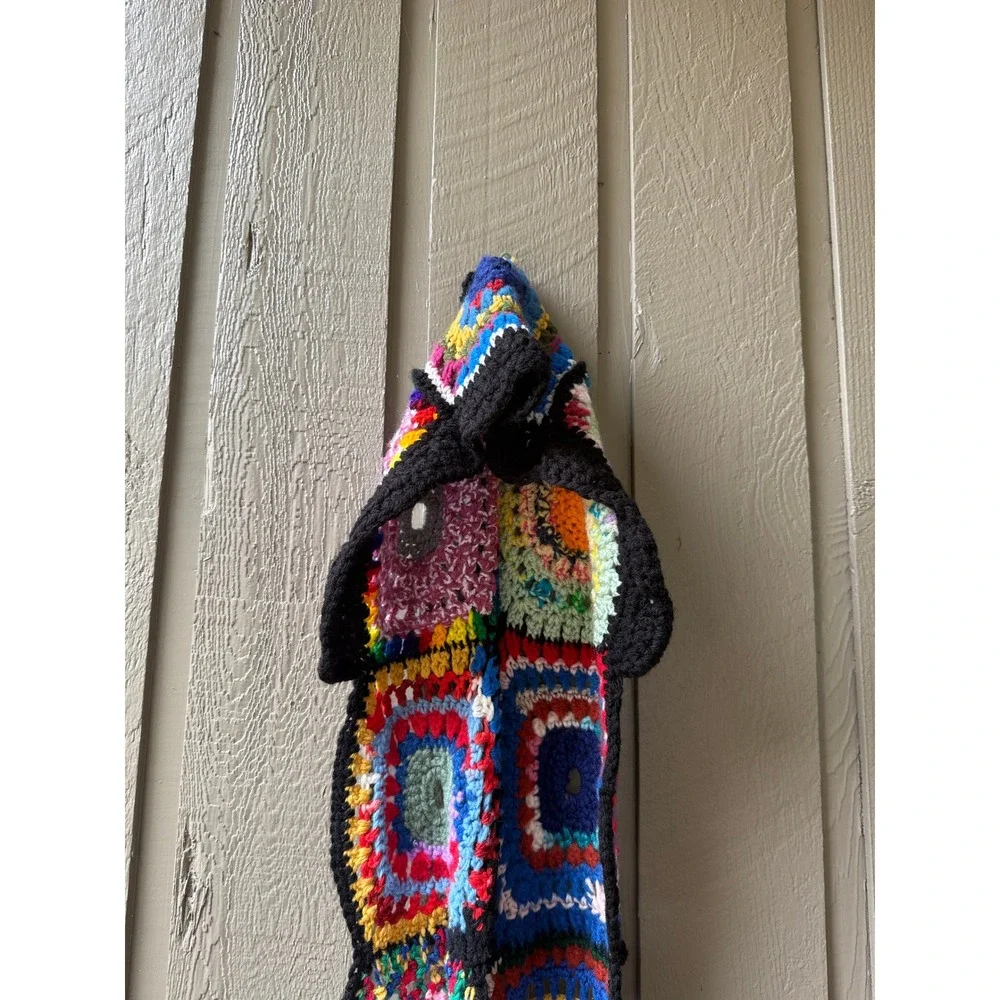 Vintage Handmade Crochet Hooded Scarf Granny Square Multi-Color Boho One Size